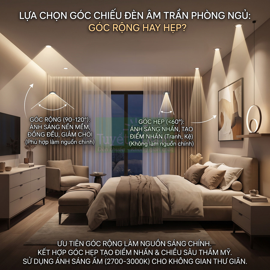 Phòng ngủ hiện đại với đèn âm trần góc rộng và góc hẹp chiếu sáng giường ngủ, tranh treo tường và nội thất gỗ