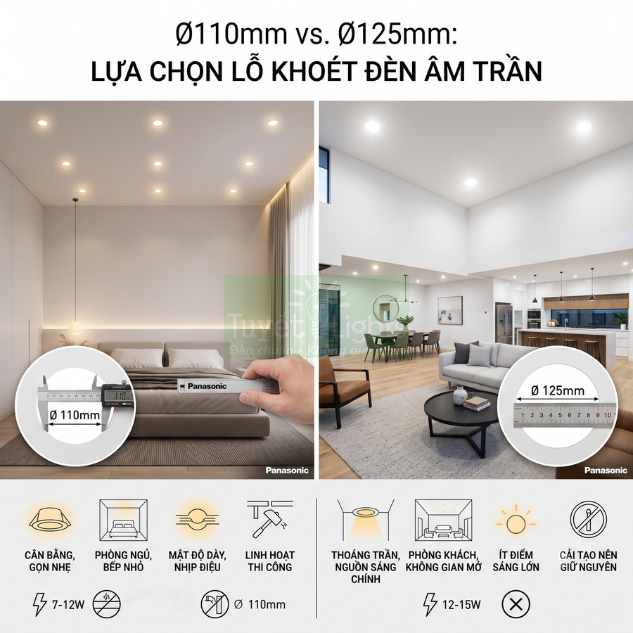 So sánh đèn âm trần Panasonic lỗ khoét 110mm và 125mm cho phòng ngủ và phòng khách hiện đại