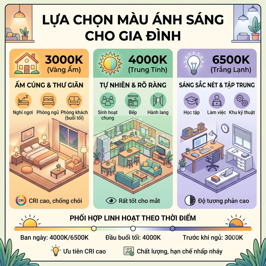 Infographic hướng dẫn chọn nhiệt độ màu đèn LED 3000K 4000K 6500K cho từng không gian trong gia đình