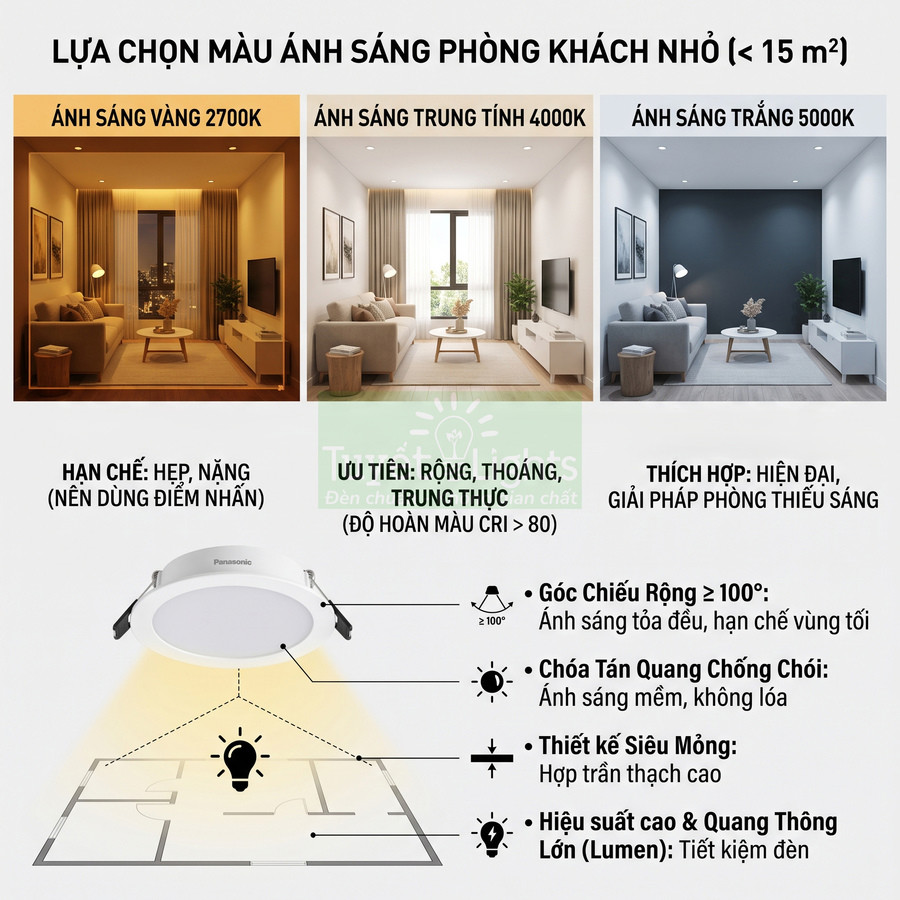 Đèn LED âm trần Panasonic chiếu sáng phòng khách nhỏ với ba lựa chọn màu ánh sáng 2700K 4000K 5000K