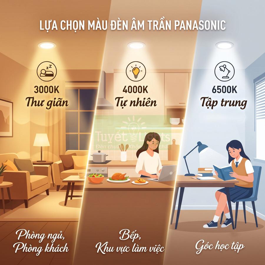 Đèn âm trần Panasonic với ba màu sáng 3000K thư giãn, 4000K tự nhiên, 6500K tập trung cho từng không gian