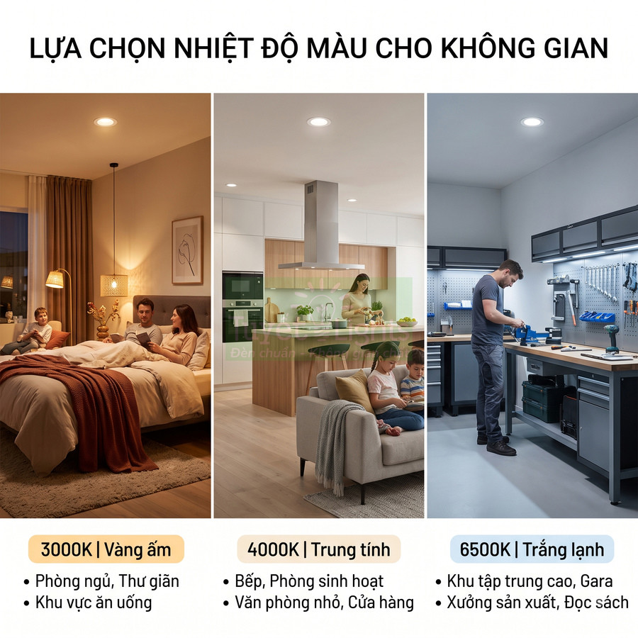 Đèn LED âm trần với ba nhiệt độ màu 3000K 4000K 6500K cho phòng ngủ bếp và gara