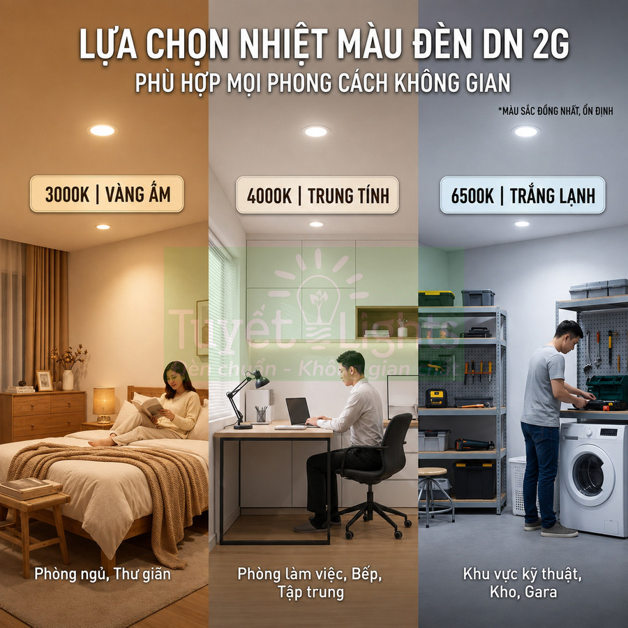Đèn âm trần DN 2G với ba nhiệt màu 3000K 4000K 6500K cho phòng ngủ làm việc và khu vực kỹ thuật
