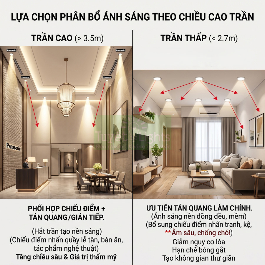So sánh bố trí đèn âm trần Panasonic cho trần cao và trần thấp trong không gian nội thất