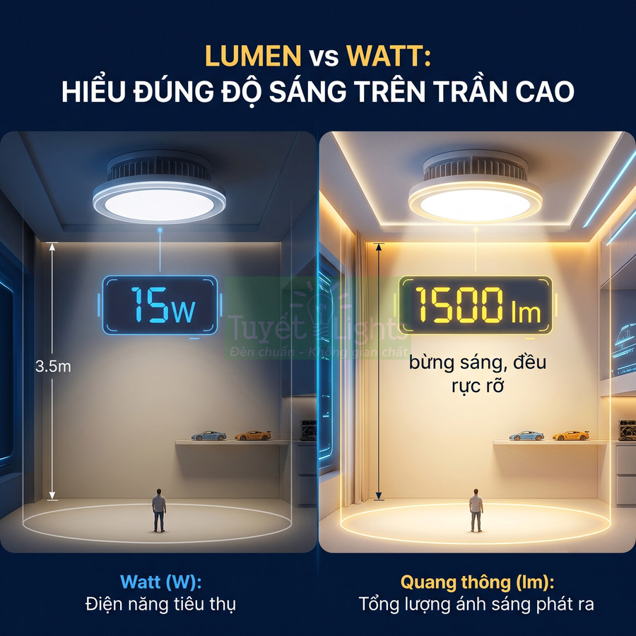 Đèn trần LED Tuyết Lights minh họa so sánh độ sáng lumen và công suất watt cho trần nhà cao