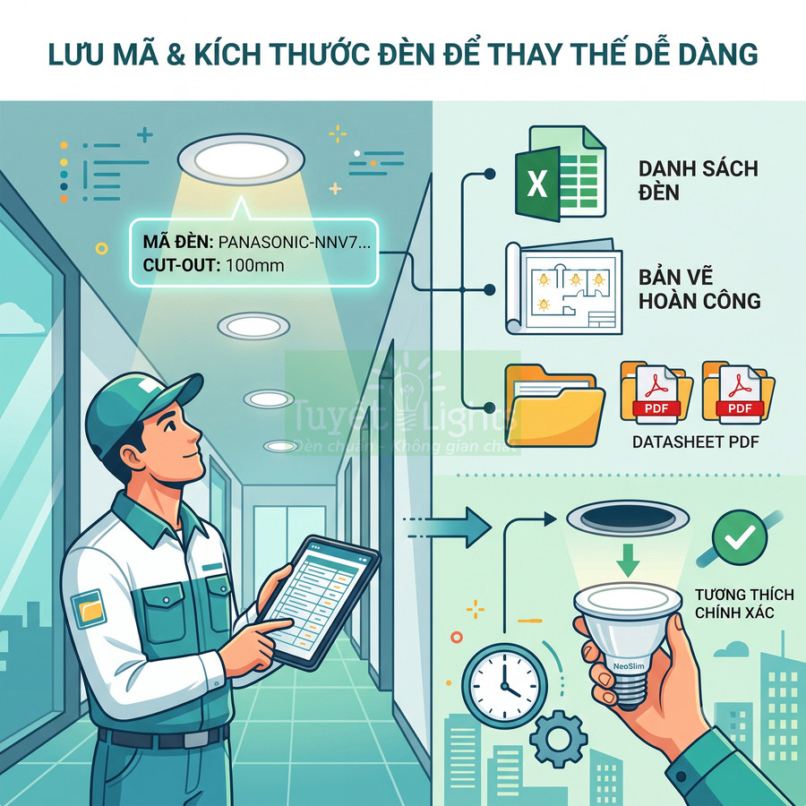 Kỹ thuật viên kiểm tra và lưu mã đèn âm trần Panasonic trên máy tính bảng để thay thế chính xác