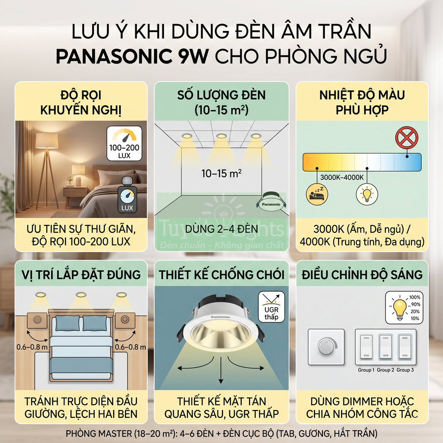 Hướng dẫn sử dụng đèn âm trần Panasonic 9W cho phòng ngủ với số lượng, vị trí lắp và cách điều chỉnh độ sáng