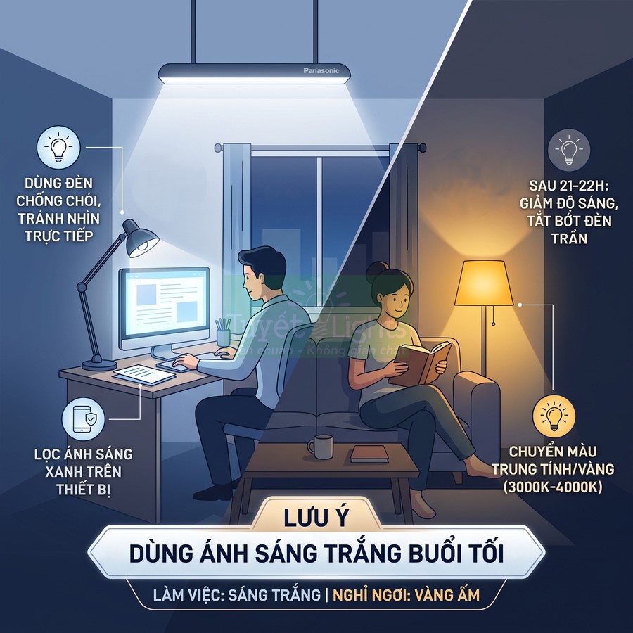 Đèn trần Panasonic chiếu sáng trắng cho bàn làm việc và đèn cây ánh vàng ấm cho khu vực đọc sách buổi tối
