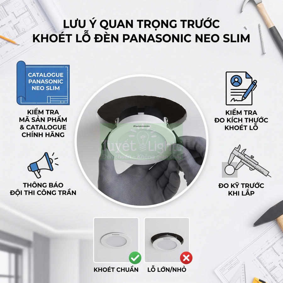 Hướng dẫn khoét lỗ lắp đèn âm trần Panasonic Neo Slim với hình minh họa đo kích thước và lắp đặt chuẩn