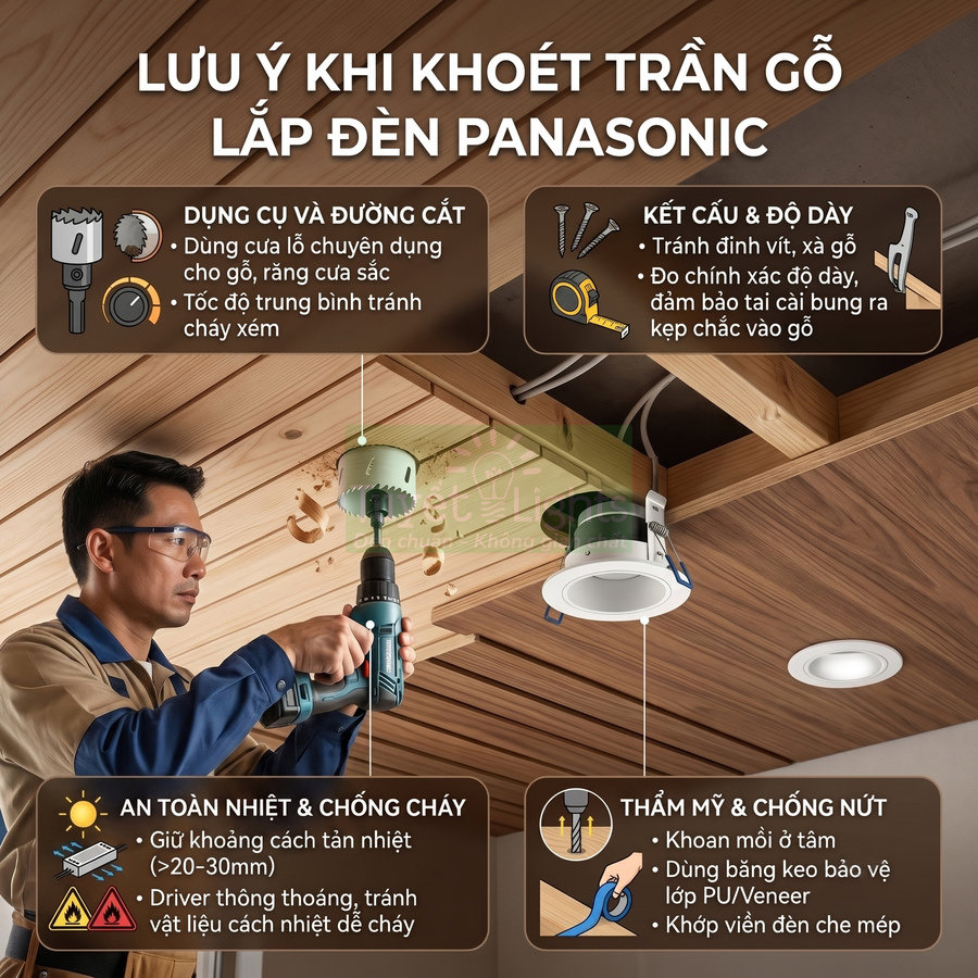 Hướng dẫn khoét trần gỗ lắp đèn âm trần Panasonic với thợ dùng khoan và các lưu ý an toàn