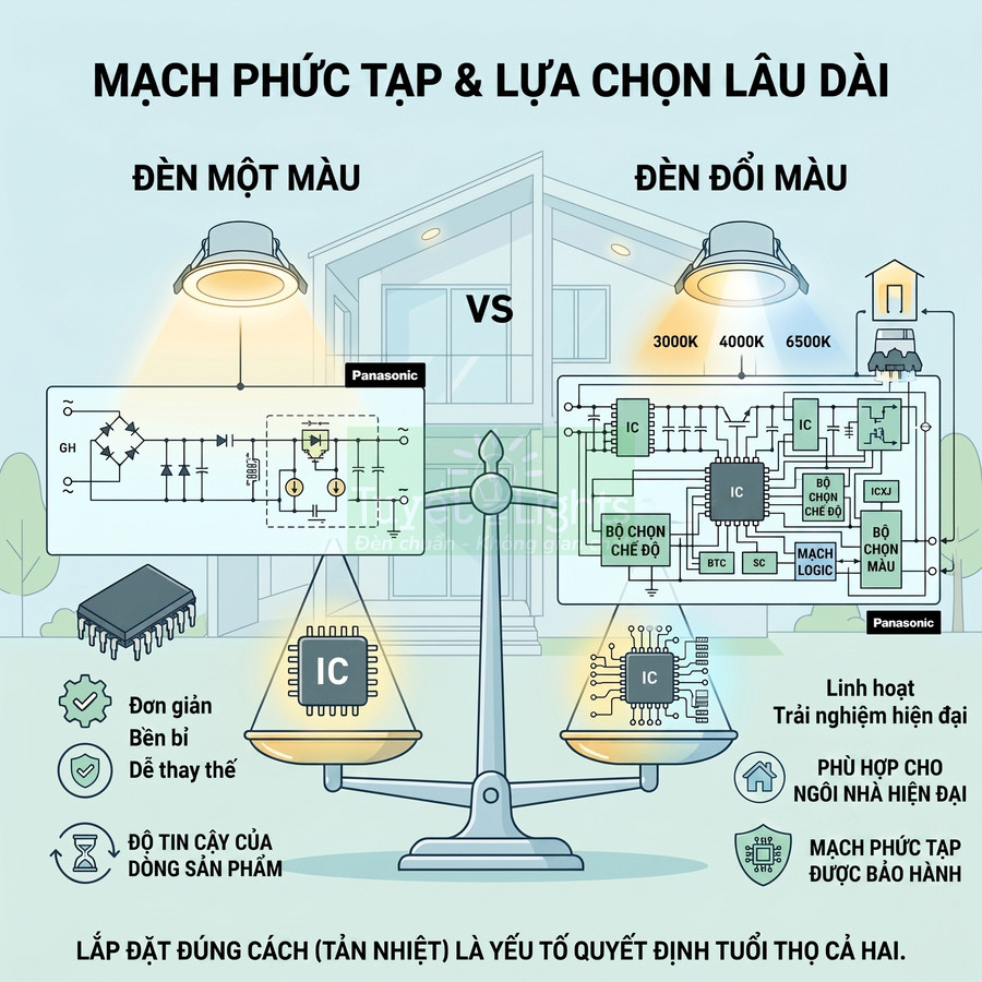 So sánh mạch đèn LED Panasonic một màu và đèn đổi màu cho ngôi nhà hiện đại