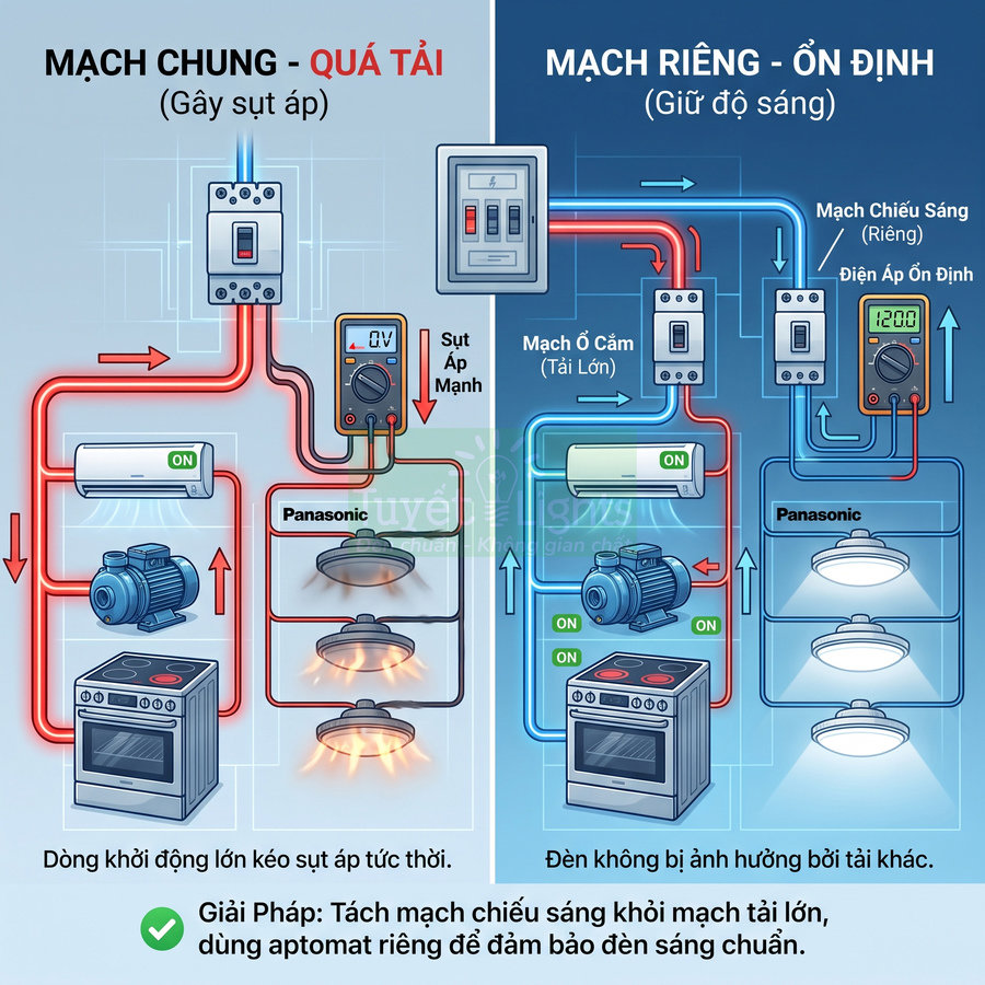 Sơ đồ so sánh mạch điện chung quá tải và mạch riêng ổn định cho đèn LED Panasonic và thiết bị gia dụng
