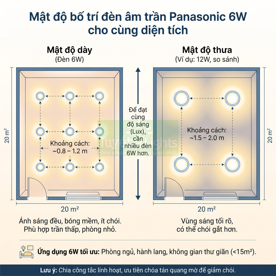 Sơ đồ bố trí đèn âm trần Panasonic 6W cho phòng 20m2 với khoảng cách lắp đặt và vùng chiếu sáng