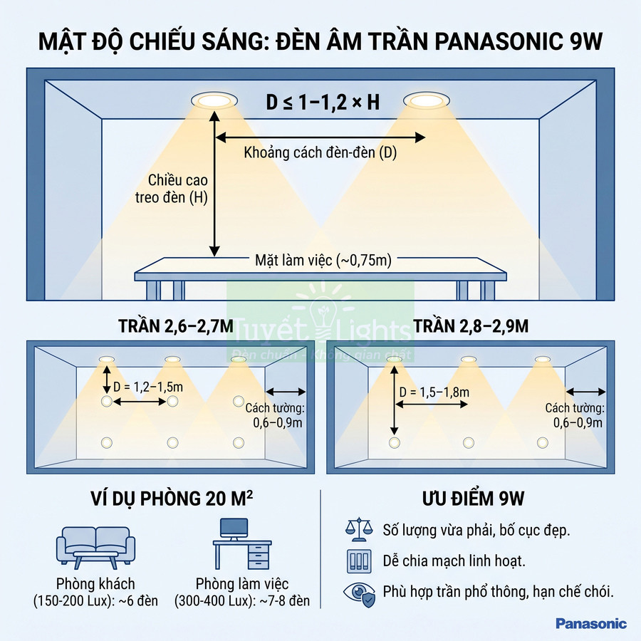 Sơ đồ bố trí đèn âm trần Panasonic 9W cho phòng khách và phòng làm việc 20m2