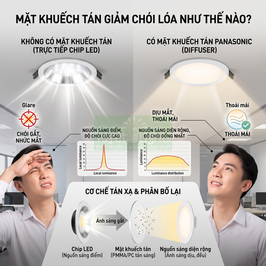 Đèn LED âm trần Panasonic có mặt khuếch tán giảm chói, ánh sáng dịu mắt, người dùng cảm thấy thoải mái