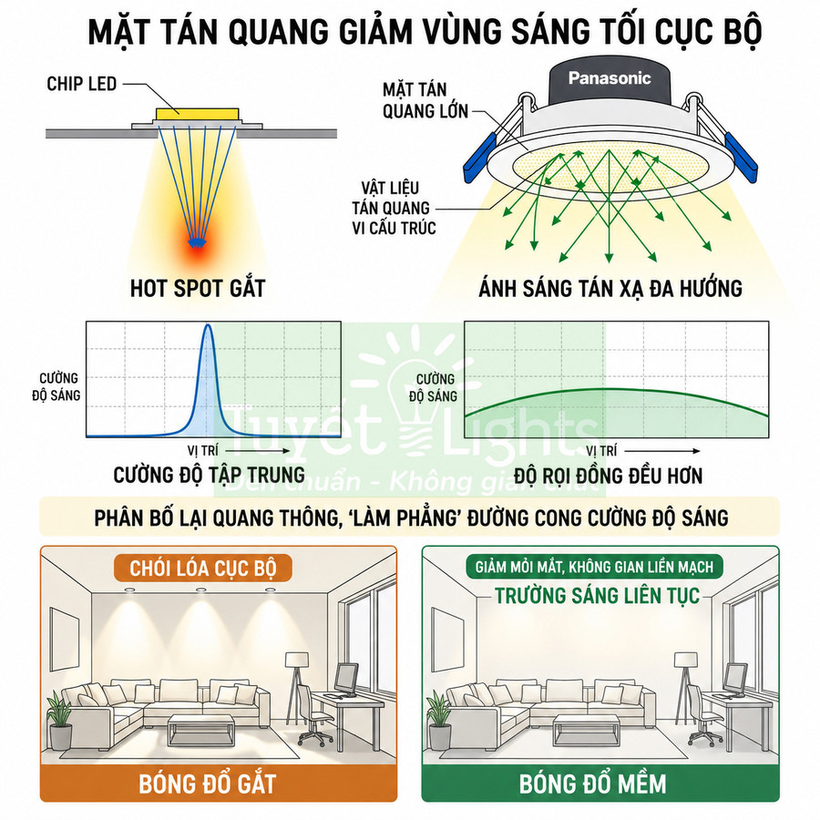 Đèn LED âm trần Panasonic với mặt tán quang lớn cho ánh sáng tán xạ đều, giảm chói lóa và tạo bóng đổ mềm