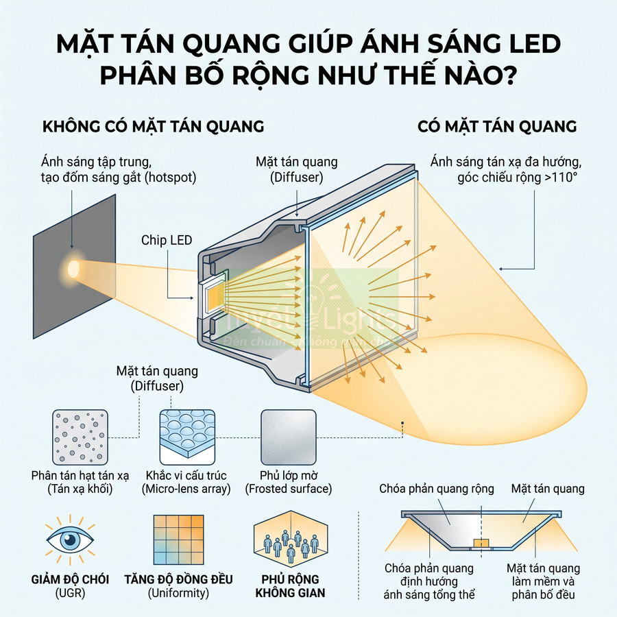 Cấu tạo mặt tán quang đèn LED và cách giúp ánh sáng phân bố rộng, giảm chói và tăng độ đồng đều