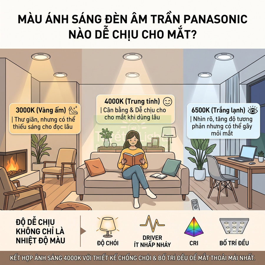 So sánh màu ánh sáng đèn âm trần Panasonic 3000K, 4000K, 6500K trong phòng khách và góc làm việc