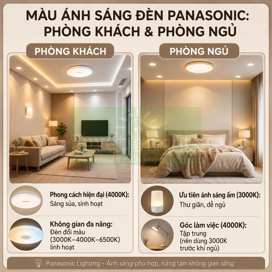 Đèn Panasonic chiếu sáng phòng khách và phòng ngủ với tông màu ánh sáng khác nhau, tạo không gian hiện đại và ấm áp