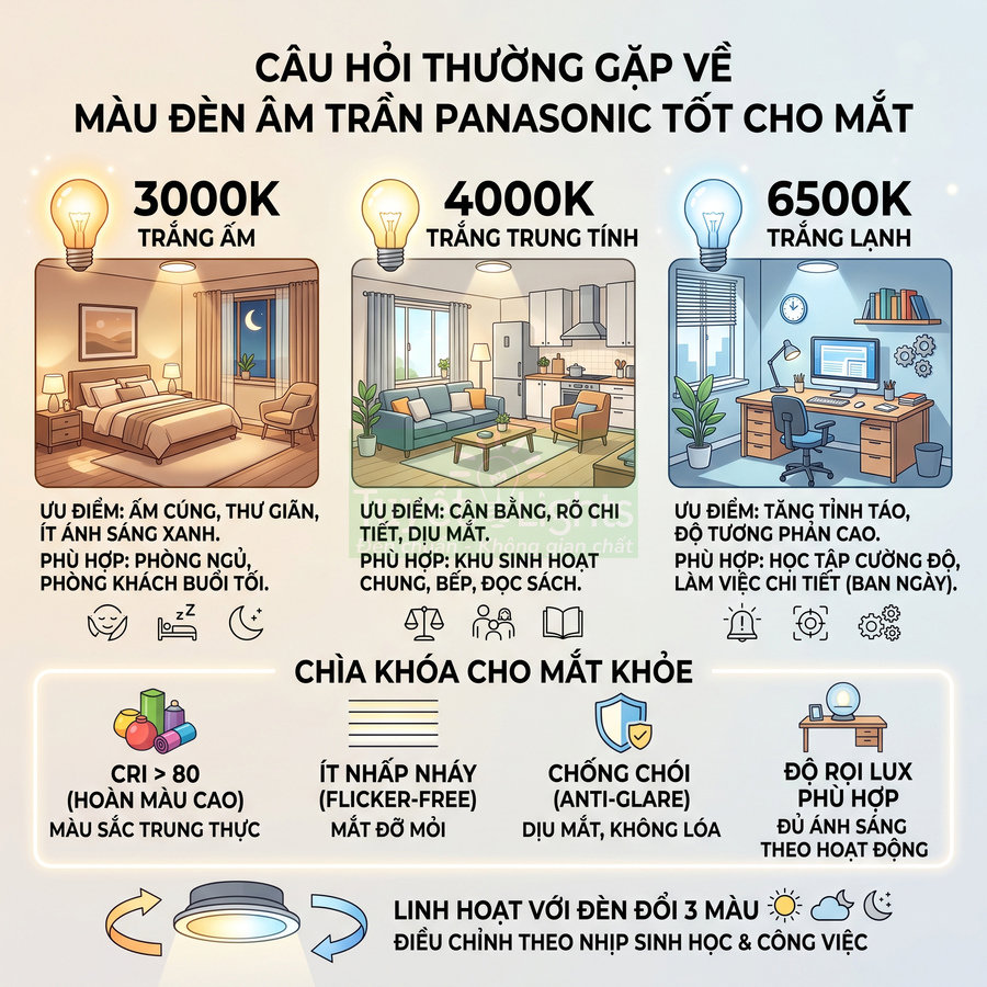 Infographic so sánh nhiệt độ màu đèn âm trần Panasonic 3000K 4000K 6500K và lợi ích cho mắt