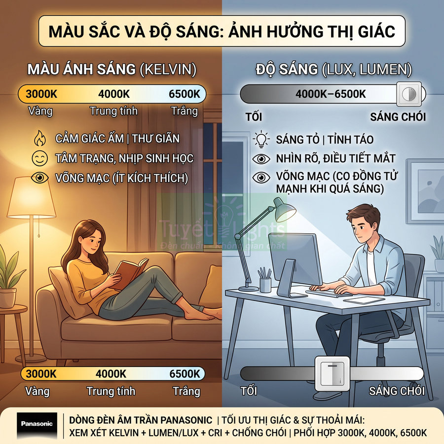 Đèn âm trần Panasonic với các mức màu ánh sáng và độ sáng tối ưu cho đọc sách và làm việc