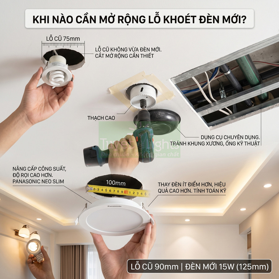 Lắp đặt đèn âm trần Panasonic Neo Slim 15W, mở rộng lỗ khoét trần thạch cao bằng dụng cụ chuyên dụng