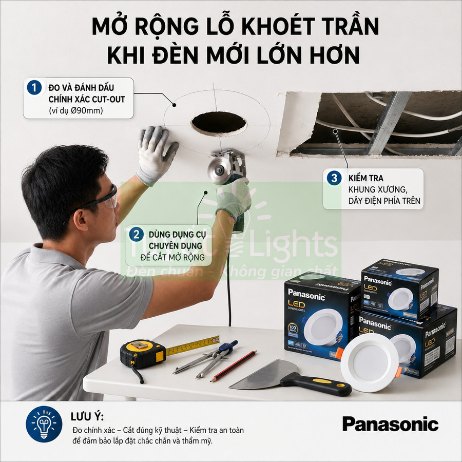 Lắp đặt đèn LED âm trần Panasonic, thợ dùng dụng cụ mở rộng lỗ khoét trần và chuẩn bị hộp đèn