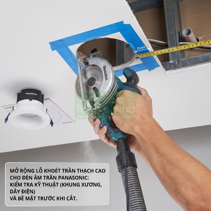Thi công khoét trần thạch cao lắp đèn âm trần Panasonic bằng máy cắt cầm tay Makita