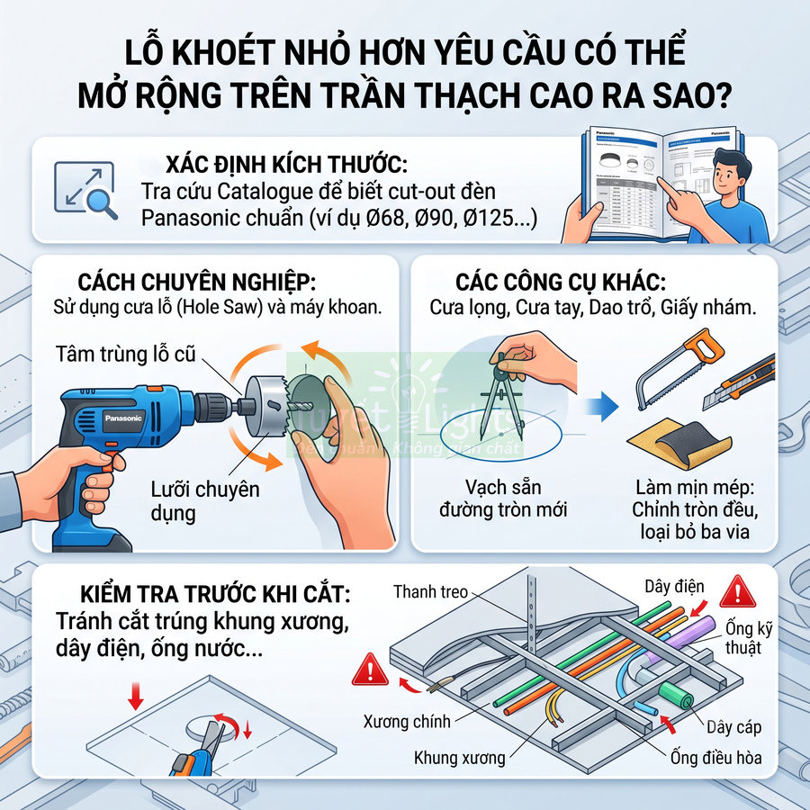 Hướng dẫn mở rộng lỗ khoét trần thạch cao bằng máy khoan Panasonic và các dụng cụ cắt, giấy nhám