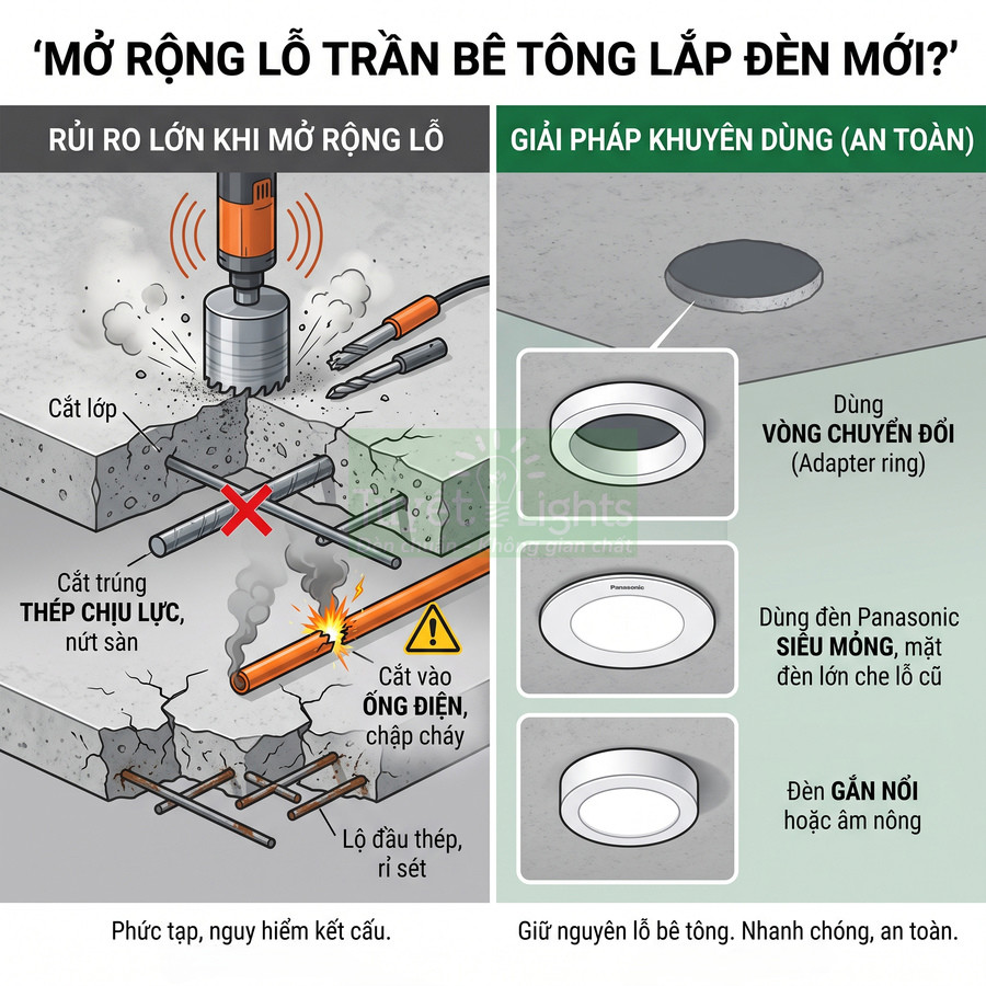 Giải pháp lắp đèn Panasonic siêu mỏng và đèn gắn nổi vào trần bê tông không cần khoan cắt rộng lỗ