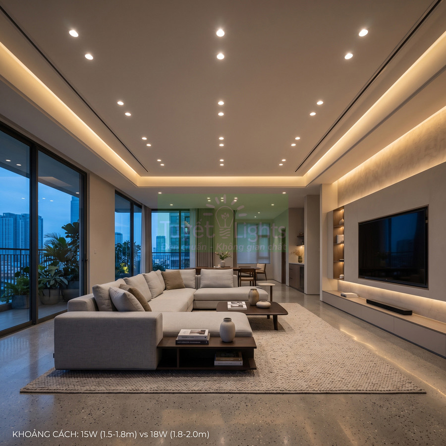 Đèn downlight âm trần chiếu sáng phòng khách hiện đại với sofa góc lớn và kệ tivi sang trọng