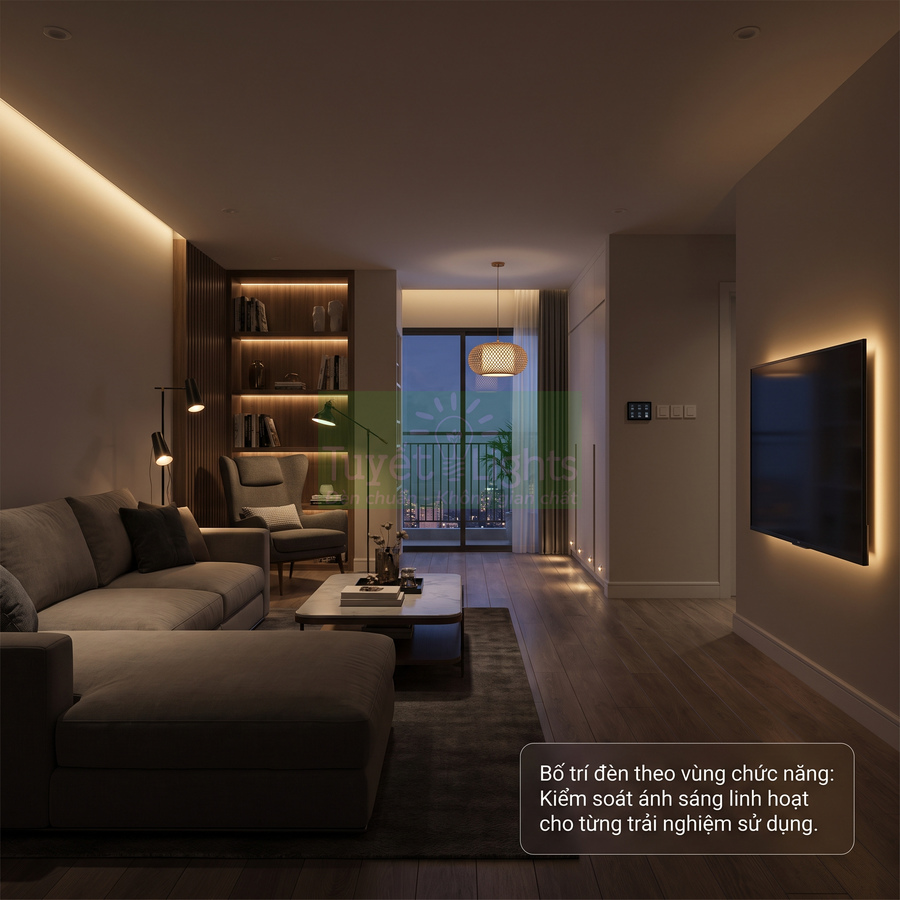 Phòng khách hiện đại với hệ thống đèn LED âm trần và đèn hắt tường tạo ánh sáng ấm áp