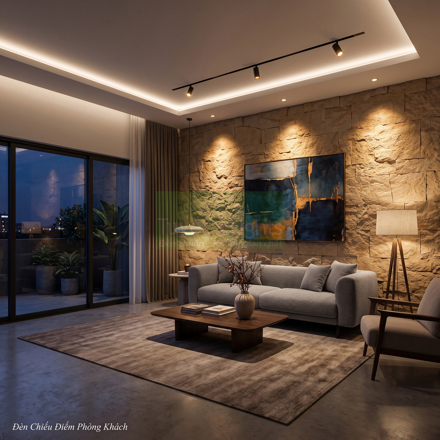 Đèn chiếu điểm trần phòng khách hiện đại, chiếu sáng sofa và tranh treo tường đá tự nhiên