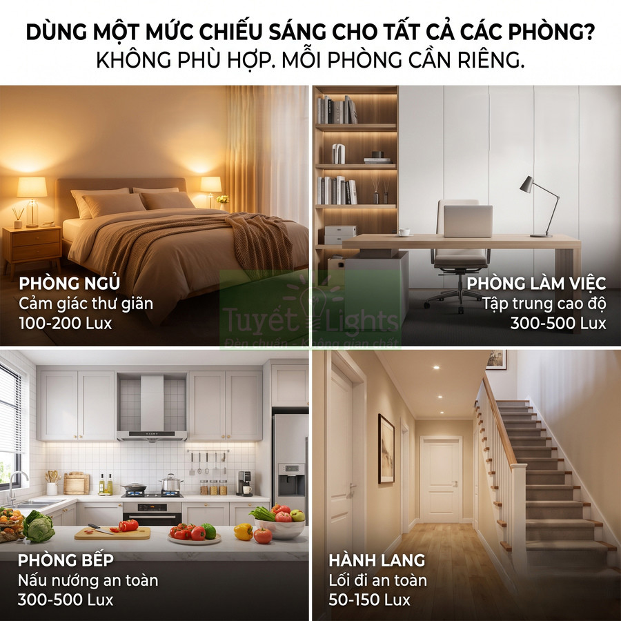 Minh họa mức độ chiếu sáng đèn cho phòng ngủ, phòng làm việc, phòng bếp và hành lang trong nhà