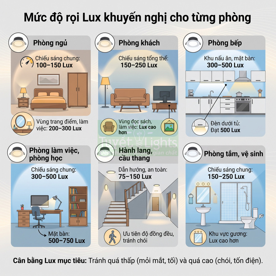 Bảng hướng dẫn mức độ chiếu sáng Lux khuyến nghị cho phòng ngủ, khách, bếp, làm việc, hành lang và phòng tắm