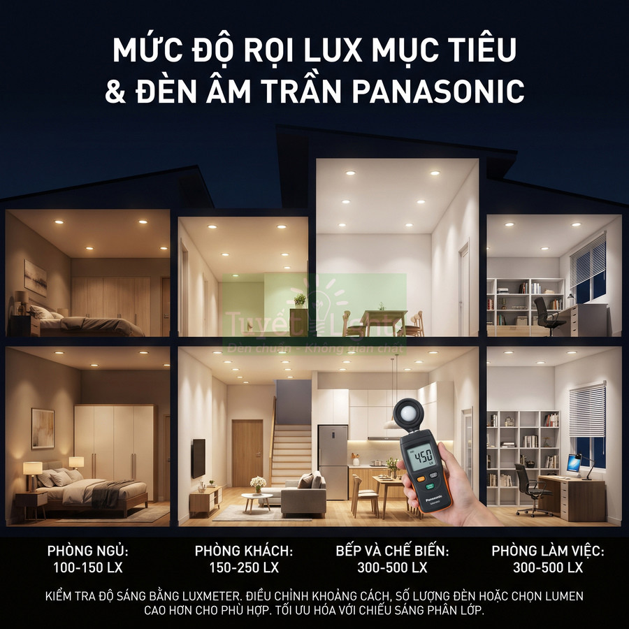 Mức độ rọi lux mục tiêu cho từng phòng với hệ thống đèn âm trần Panasonic trong nhà hiện đại