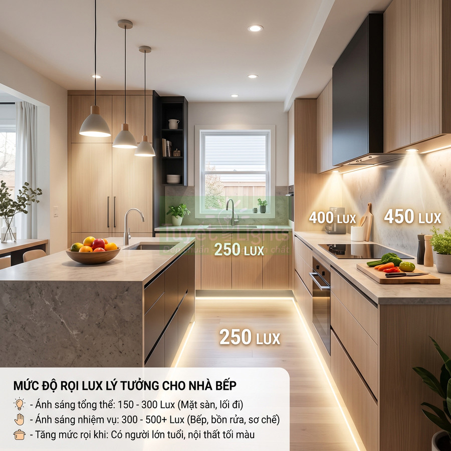 Nhà bếp hiện đại với hệ thống đèn LED chiếu sáng mặt bếp, bồn rửa và lối đi kèm mức độ lux gợi ý