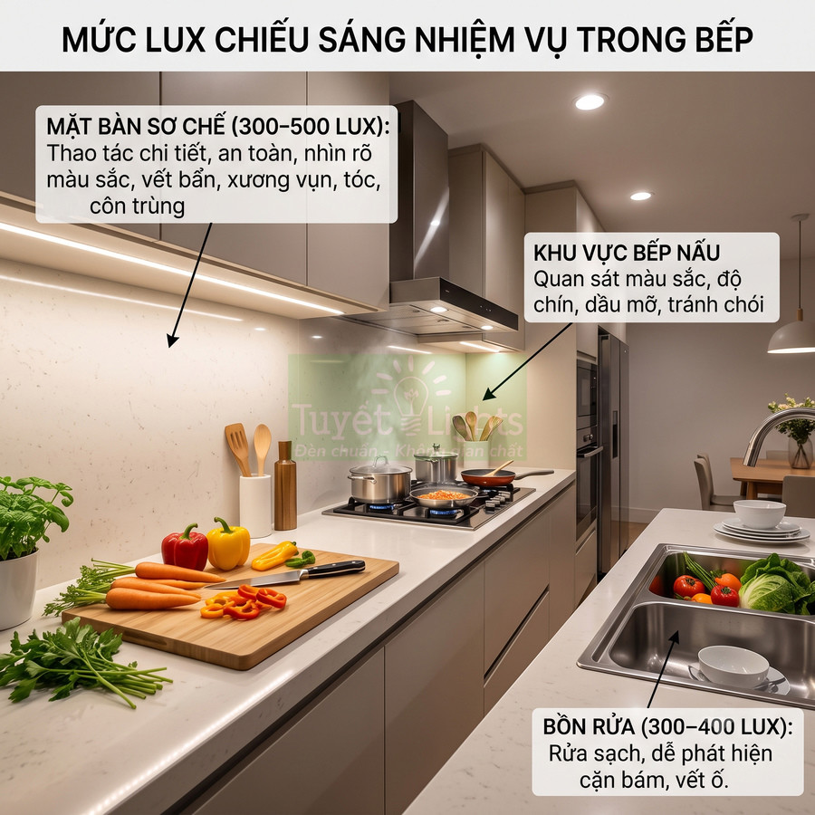 Hệ thống đèn LED chiếu sáng bếp hiện đại với mặt bàn sơ chế, bếp nấu và bồn rửa được phân vùng độ lux