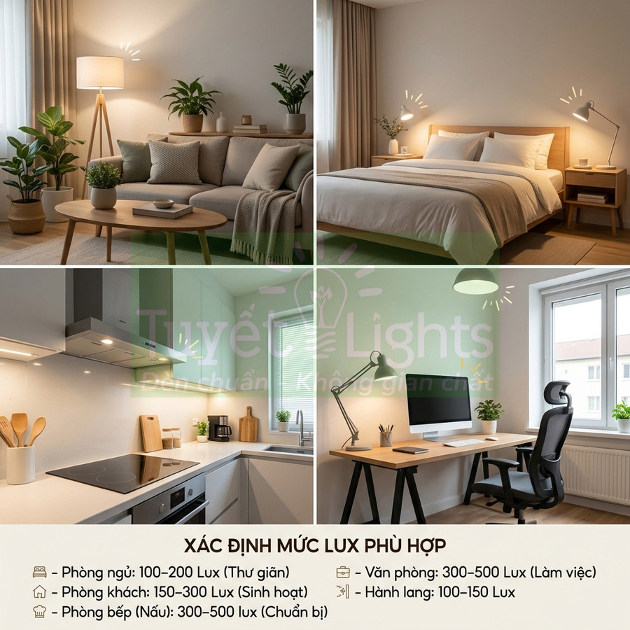 Đèn chiếu sáng Tuyết Lights cho phòng khách, phòng ngủ, bếp và văn phòng với mức lux phù hợp từng không gian
