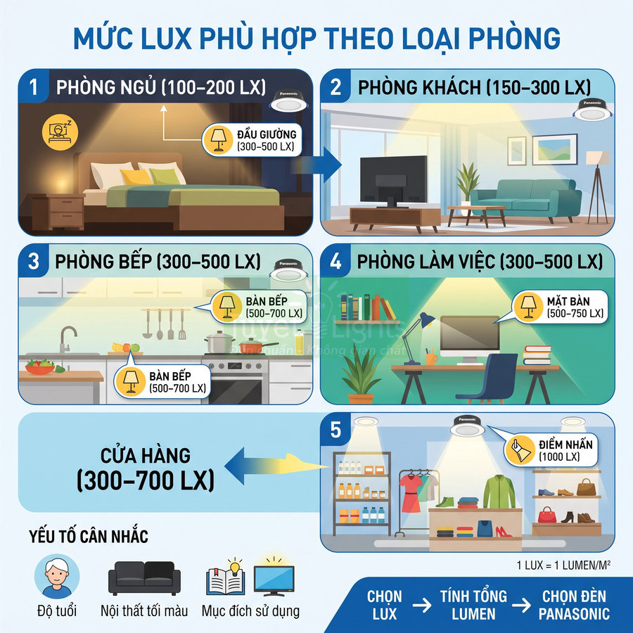 Bảng hướng dẫn chọn mức lux chiếu sáng Panasonic phù hợp cho phòng ngủ, khách, bếp, làm việc và cửa hàng