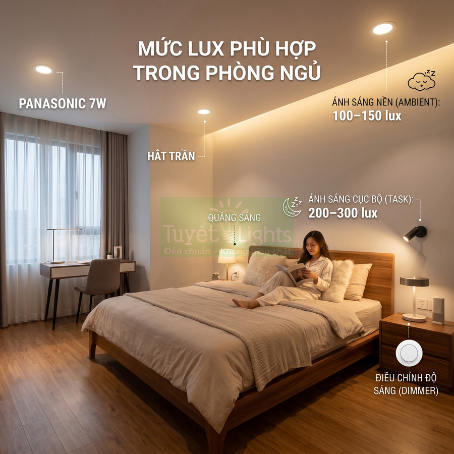 Phòng ngủ hiện đại dùng đèn âm trần Panasonic 7W và đèn đọc sách tạo mức lux phù hợp khi thư giãn đọc sách