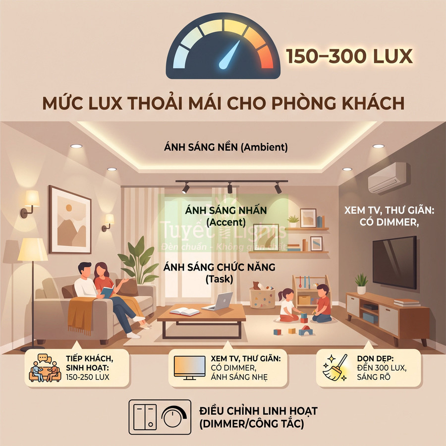 Minh họa phòng khách với các loại đèn trần, đèn tường, đèn bàn và mức độ chiếu sáng lux phù hợp