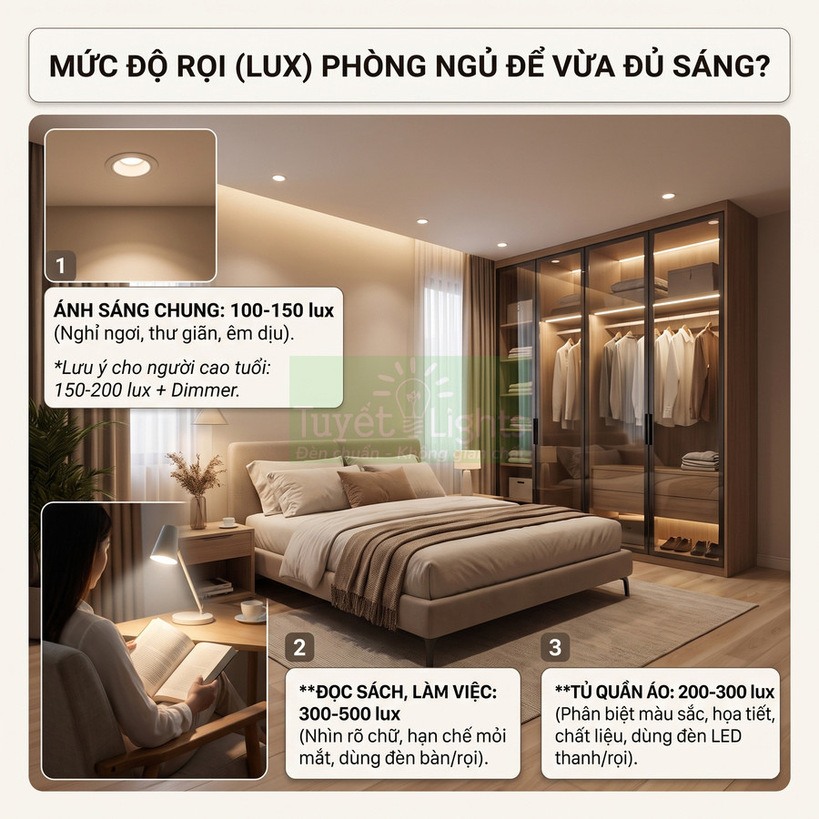 Phòng ngủ hiện đại với hệ thống đèn trần, đèn bàn đọc sách và đèn LED tủ quần áo tạo ánh sáng ấm áp