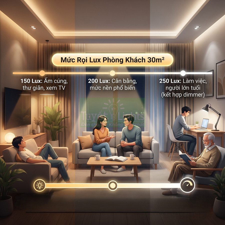 Minh họa phòng khách 30m2 với ba mức độ sáng đèn 150 lux, 200 lux và 250 lux cho thư giãn, sinh hoạt, làm việc