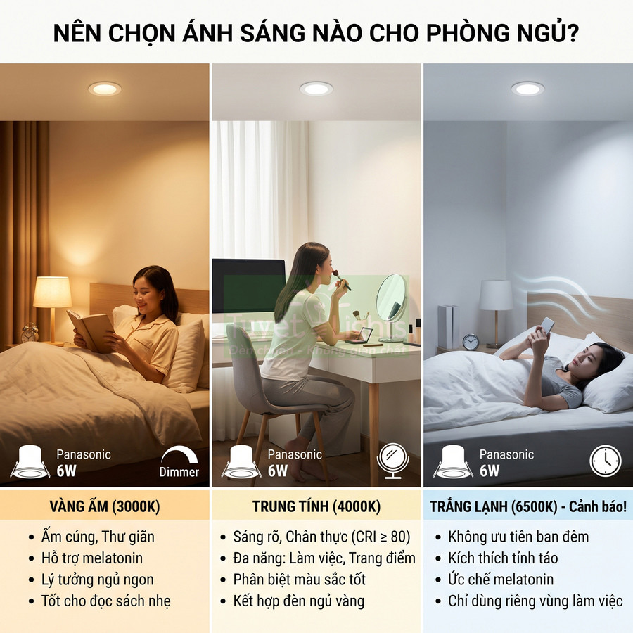 So sánh đèn LED âm trần Panasonic 6W ánh sáng vàng ấm, trung tính và trắng lạnh cho phòng ngủ