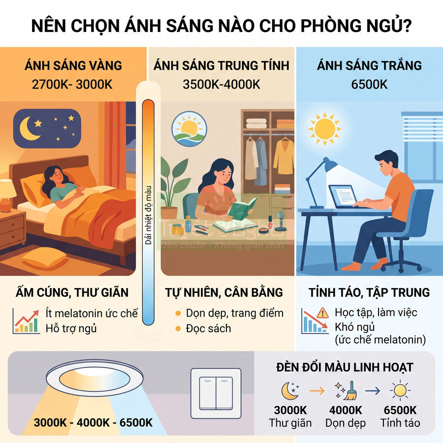 Infographic hướng dẫn chọn nhiệt độ màu đèn ngủ 2700K đến 6500K cho thư giãn, đọc sách và làm việc