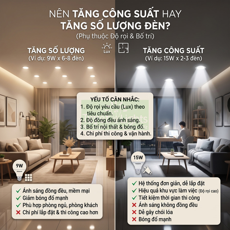 So sánh bố trí nhiều đèn LED 9W và ít đèn LED 15W trong phòng khách và làm việc, nêu ưu nhược điểm chiếu sáng