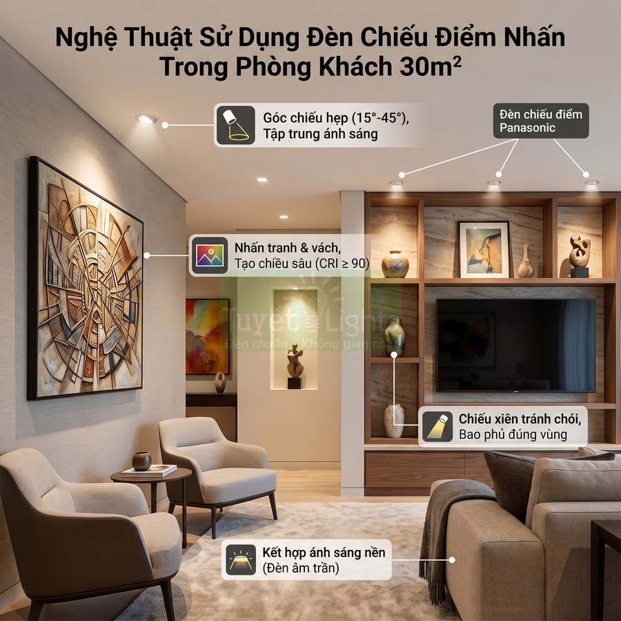Đèn chiếu điểm Panasonic chiếu sáng tranh và kệ gỗ trong phòng khách hiện đại 30m2