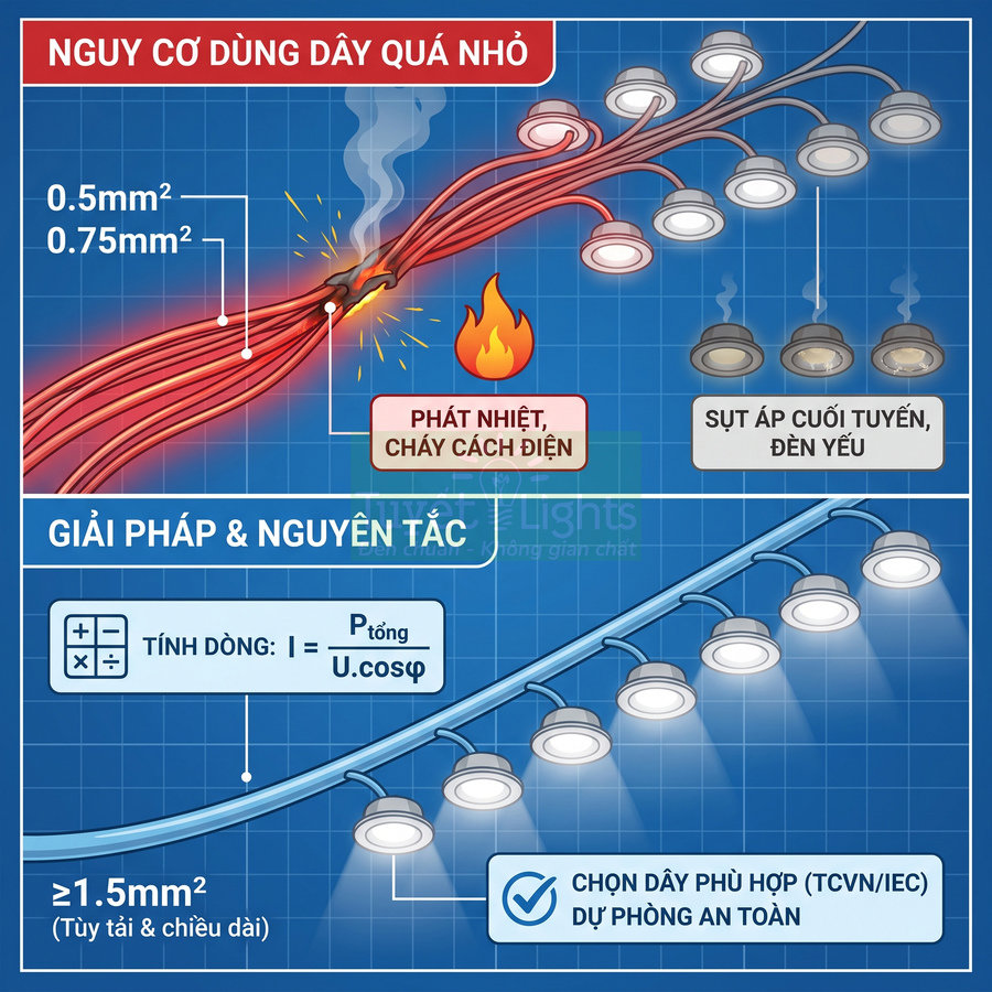 Sơ đồ minh họa dây điện nhỏ gây cháy và đèn yếu so với dây điện đúng tiết diện cho hệ thống đèn âm trần