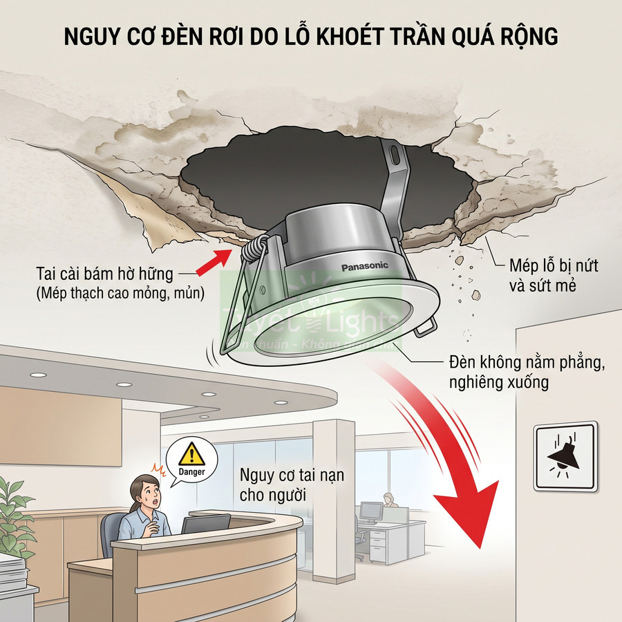 Đèn âm trần Panasonic lắp sai lỗ khoét trần quá rộng có nguy cơ rơi gây tai nạn cho người dùng